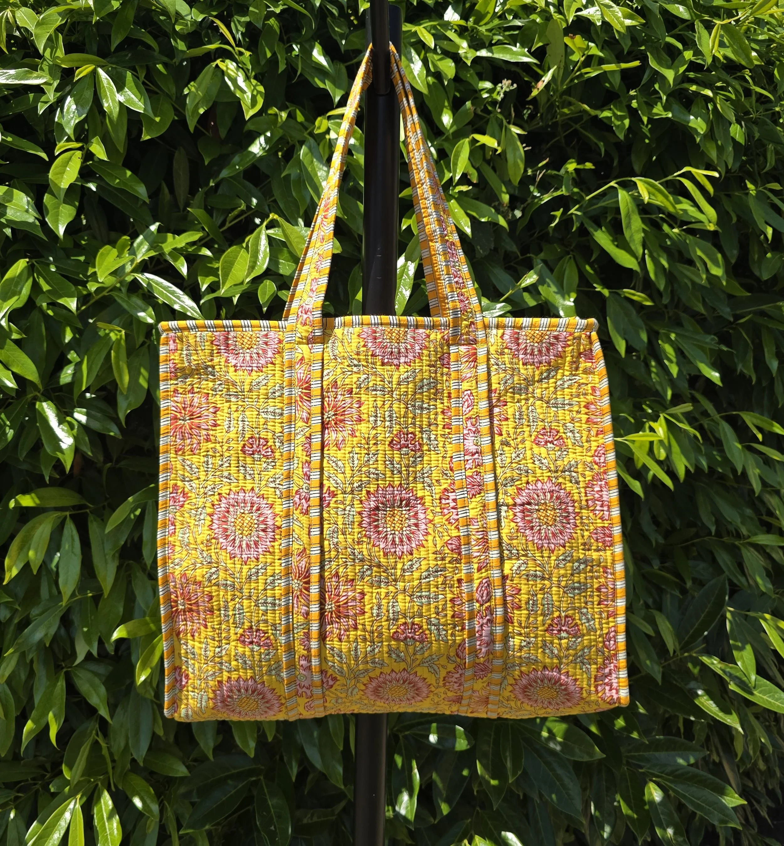 Kantha Quilted LARGE Tote with ZIP (FLORISH Pink on Yellow)