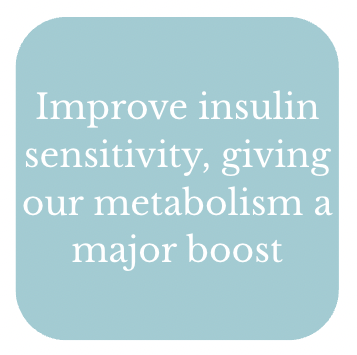 A light blue speech bubble with white text reading, 'Improve insulin sensitivity, giving our metabolism a major boost.'
