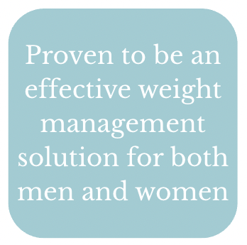Text saying, 'Proven to be an effective weight management solution for both men and women' on a light blue background.