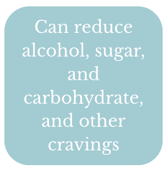 Text on a light blue rounded rectangle that says, 'Can reduce alcohol, sugar, and carbohydrate, and other cravings'.