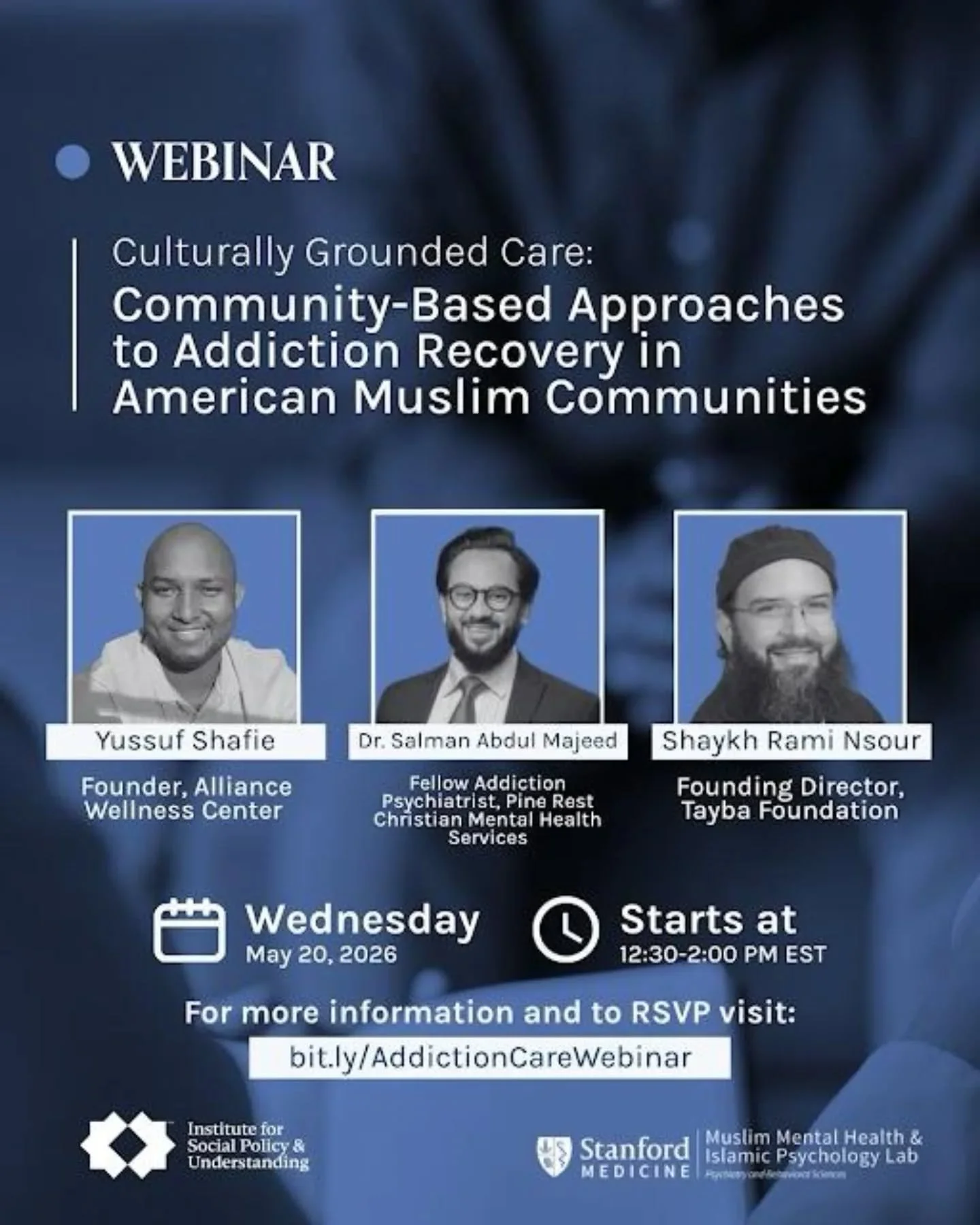Join us for a webinar TOMORROW for anyone you know who needs help with addiction. Addiction can be really hard to navigate, so @the_ispu and @stanfordmmhip will be sharing how community can help. May Allah guide us. 
Zoom: https://us02web.zoom.us/web
