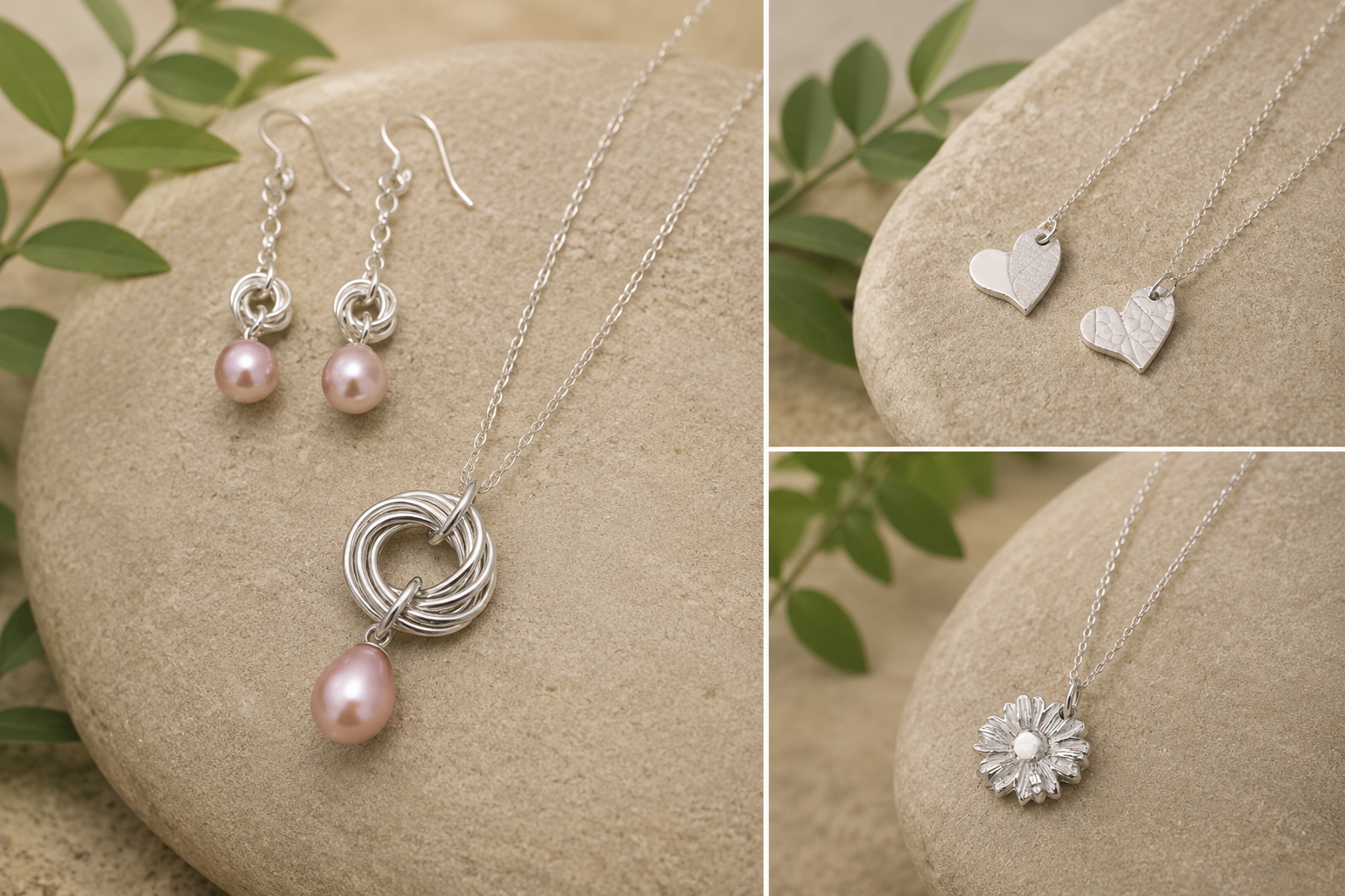 Jewelry set with pearl earrings, a silver circle pendant necklace with a pearl drop, and three silver necklaces with heart, flower, and knot pendants