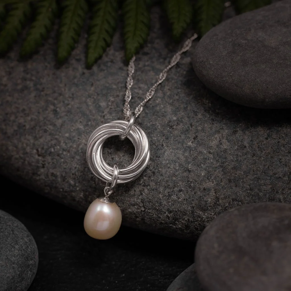 Sterling Silver Mobius Chainmaille Pendant With Ivory Freshwater Pearl Drop