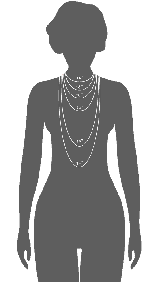 Silhouette of a woman with six necklaces of varying lengths, labeled from 16 to 34 inches.