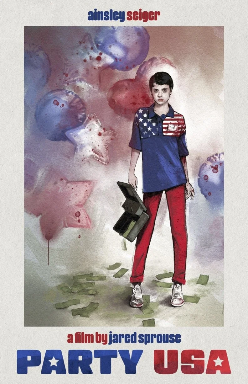 A poster for the film "Party USA" features Ainsley Seiger with a cash drawer, surrounded by balloons and scattered dollar bills, wearing a patriotic American-themed shirt and red pants.
