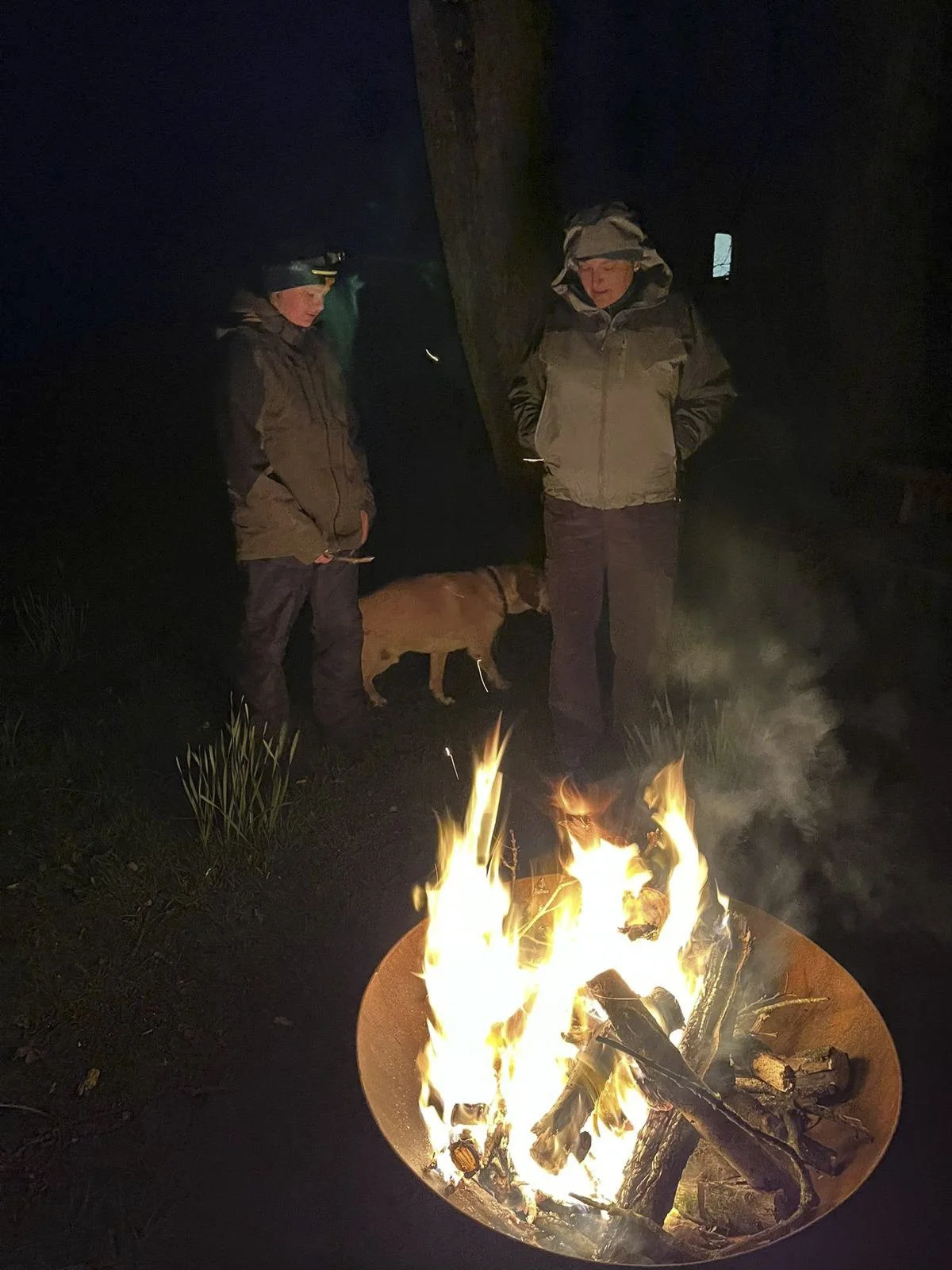 Two men in outdoor clothing standing around a fire pit at night, with a dog nearby, in a dark outdoor setting.