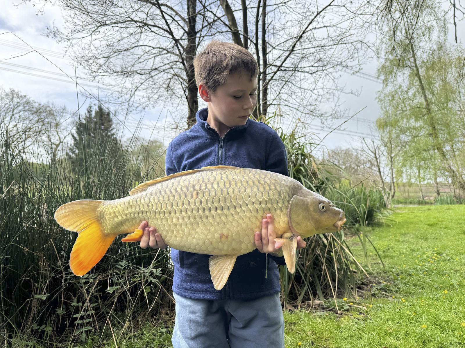 A young boy holding a large fish, standing outdoors on a grassy area with trees and plants in the background.