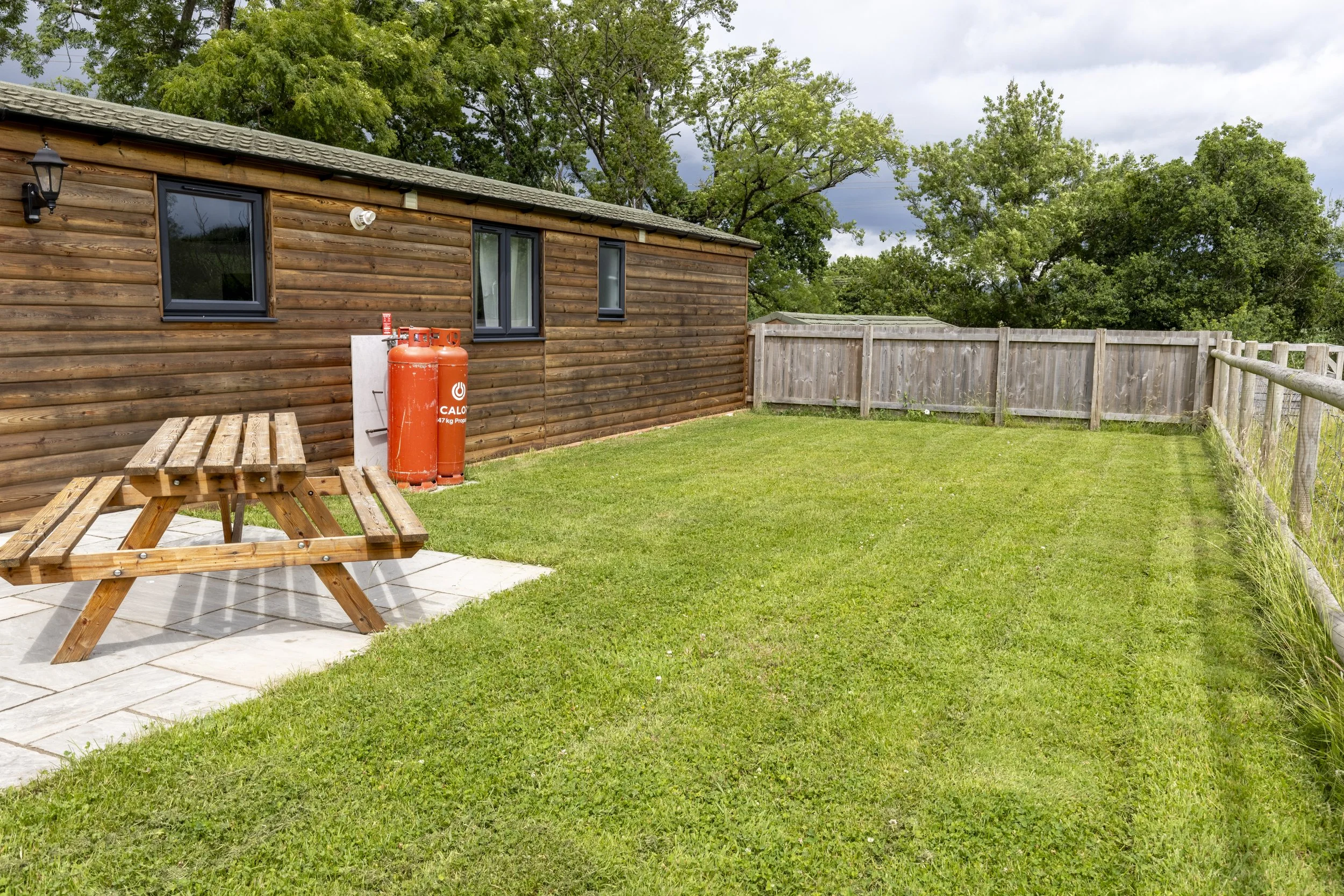 A backyard with a wooden house, green grass, a picnic table, and a safety fire extinguisher beside the house. Tall trees and a cloudy sky are in the background.
