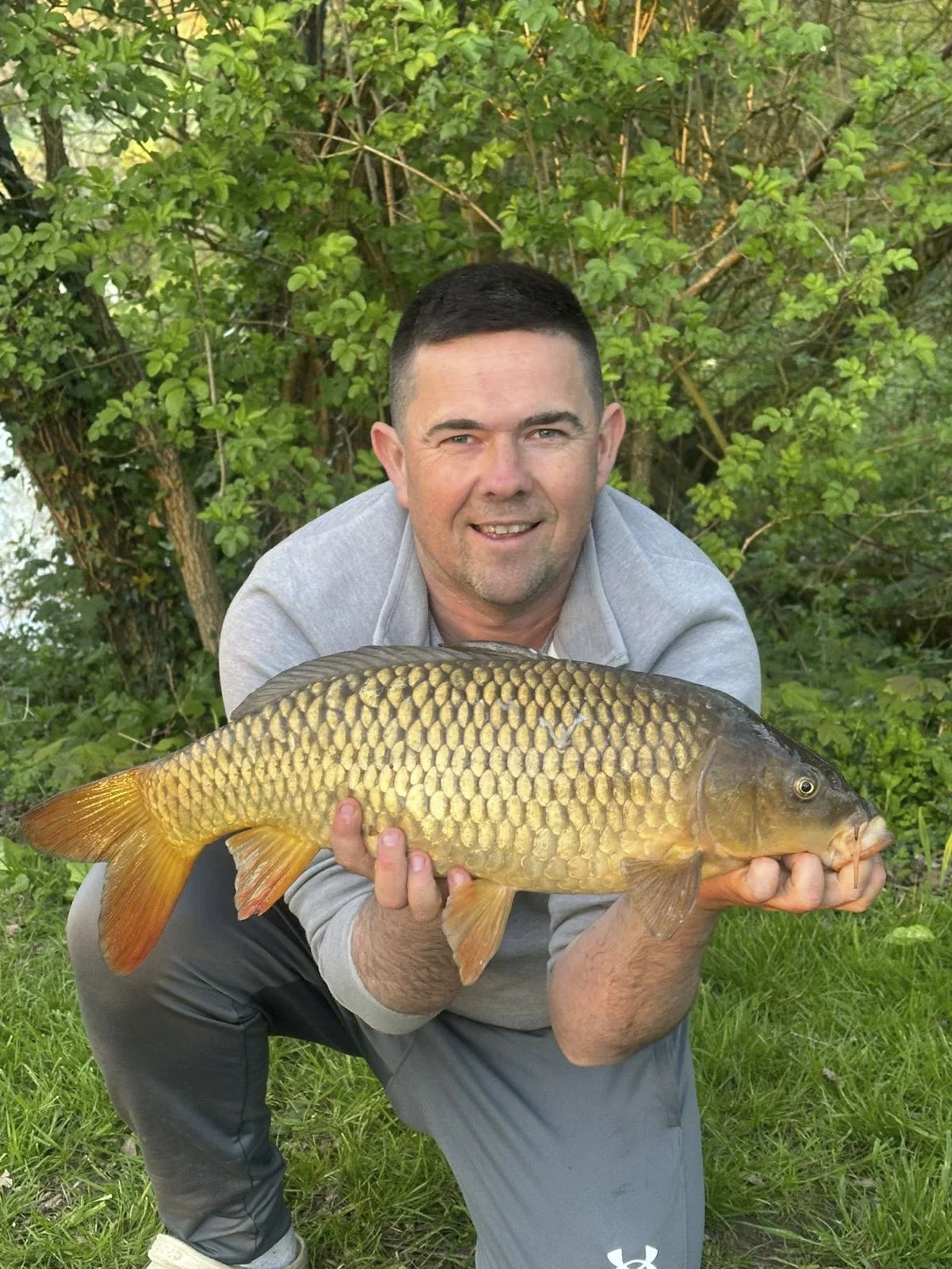 A man outdoors holding a large goldfish with orange fins, standing in front of green bushes.