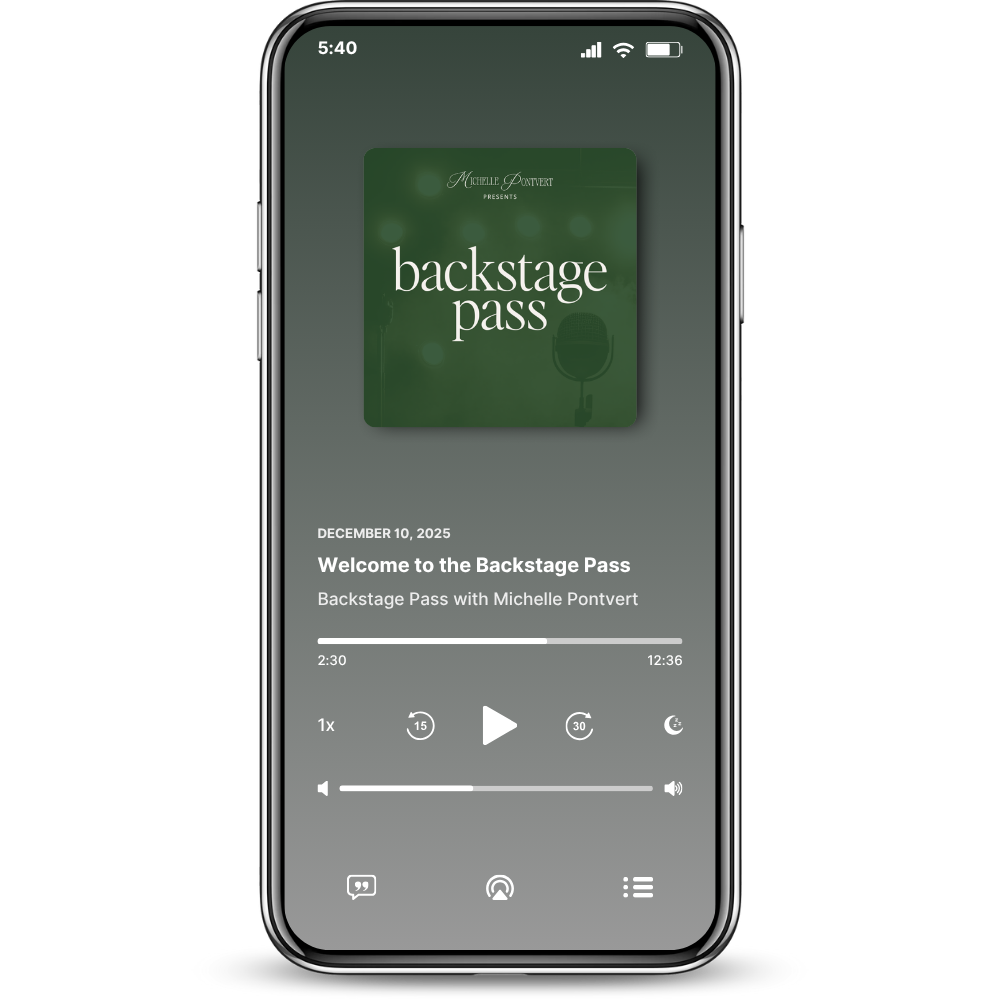 Smartphone screen displaying a backstage pass for an event with Michelle Pontvert, dated December 10, 2025, showing a podcast titled "Backstage Pass" with a play progress bar and playback controls.