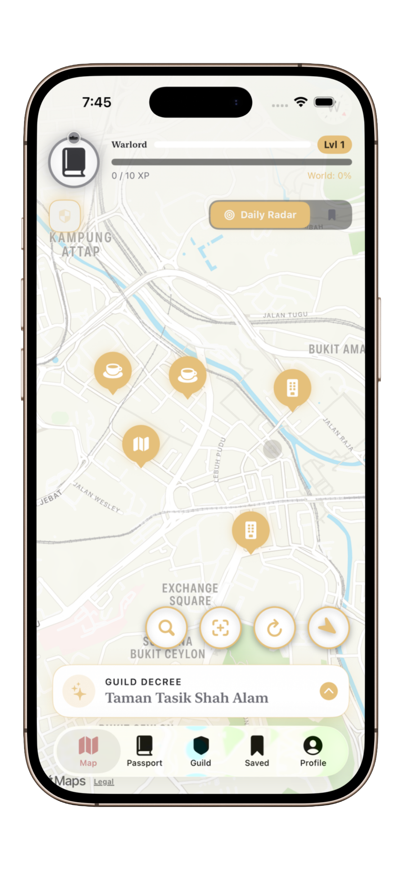 Screenshot of a mobile game map showing various locations, icons, and options, with a header displaying the time 7:45 and the user level 1.