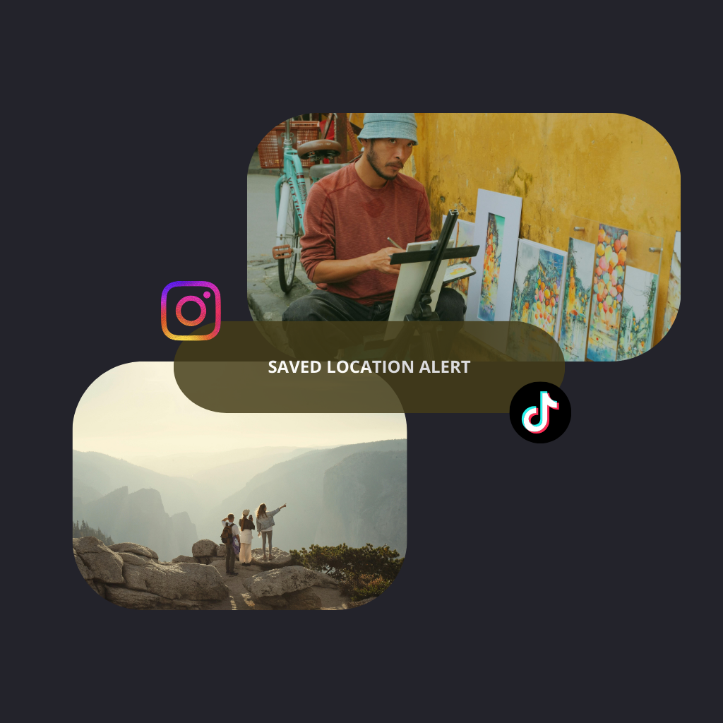 A collage with two photos, one of an artist painting colorful landscapes on the street, and another of three hikers standing on a rocky overlook in a mountainous area during foggy weather.