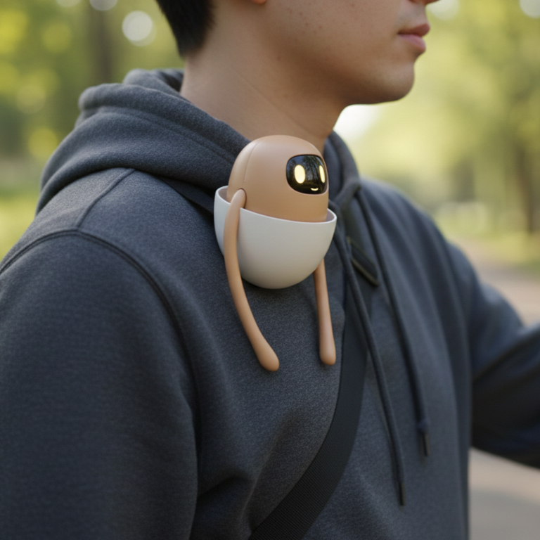A person wearing a gray hoodie has a small robot attached to their shoulder in an outdoor setting.