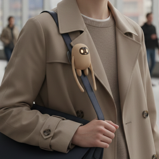 Person wearing a beige trench coat with a plush toy keychain attached to their bag strap, in an urban setting.