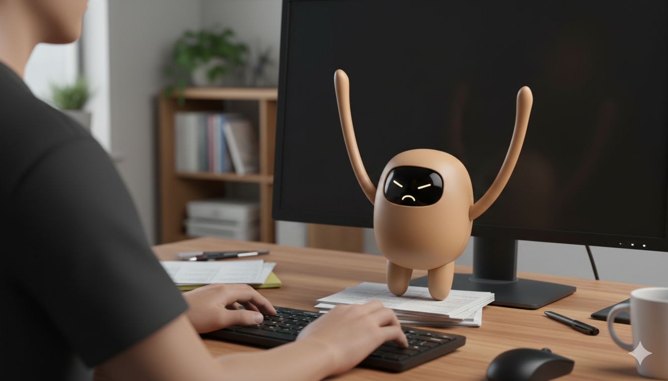 A person working at a desk with a computer monitor and a small, animated, displeased robot figure on the desk.