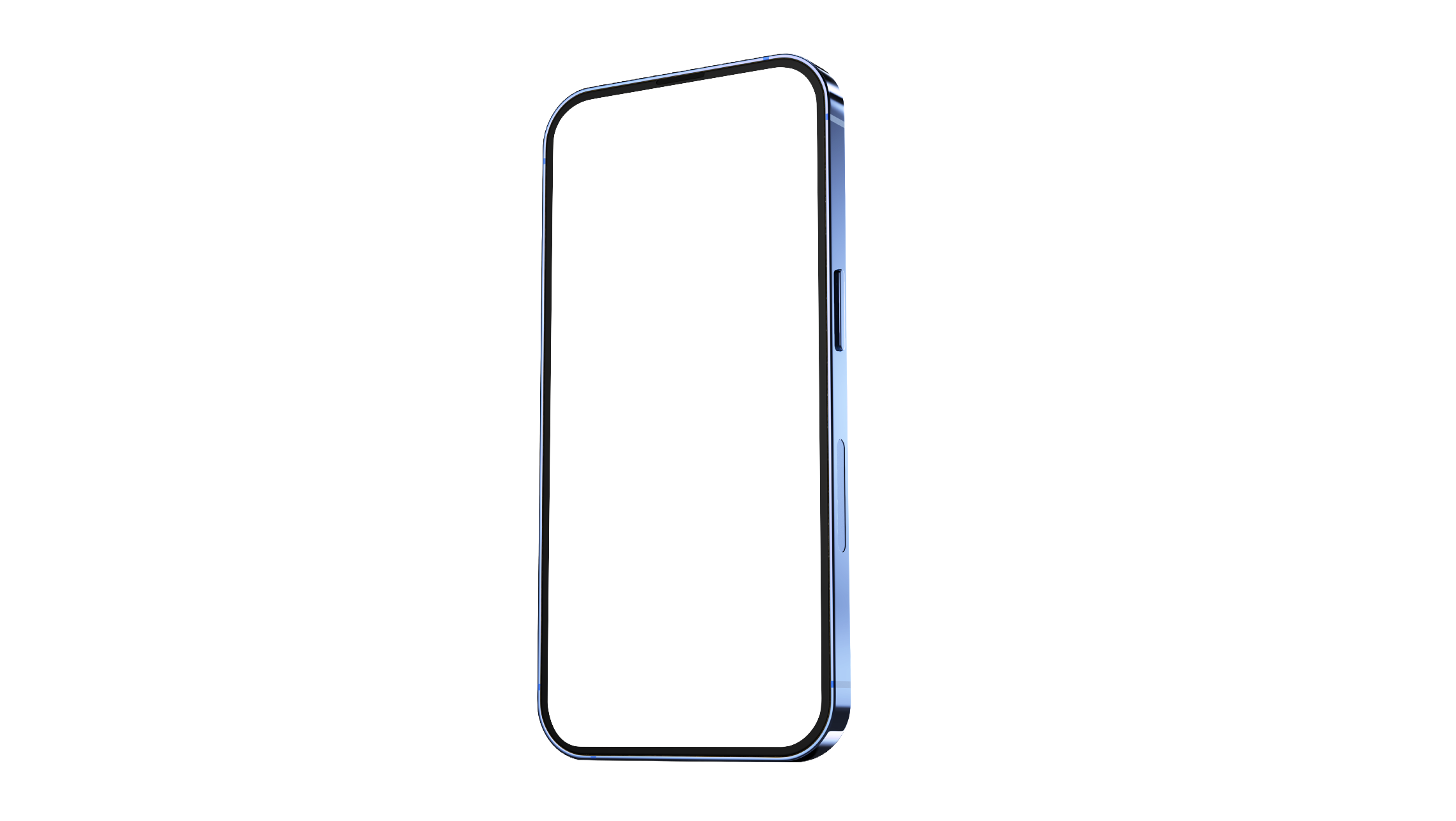 A modern smartphone with a large blank screen, black front, and blue metallic sides, positioned vertically against a black and white background.