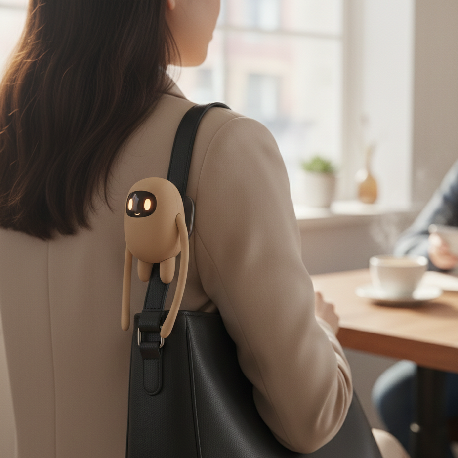 A woman wearing a beige coat carrying a black bag with a cute beige robot with black eyes hanging from the strap.