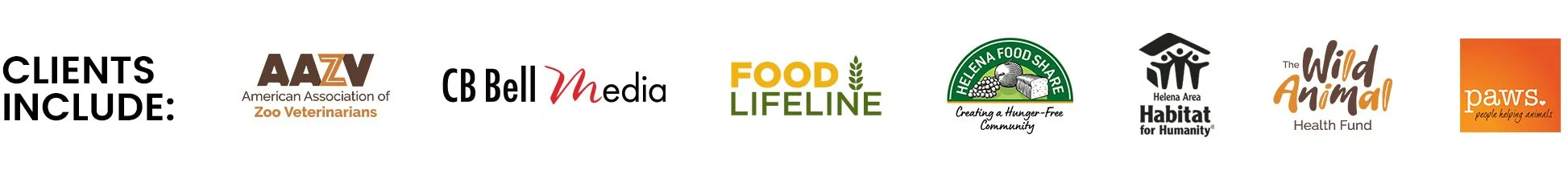 Logos of organizations supporting clients, including American Association of Zoo Veterinarians, CB Bell Media, Food Lifeline, Helena Food Share, Helena Area Habitat for Humanity, The Wild Animal Health Fund, and Paws.