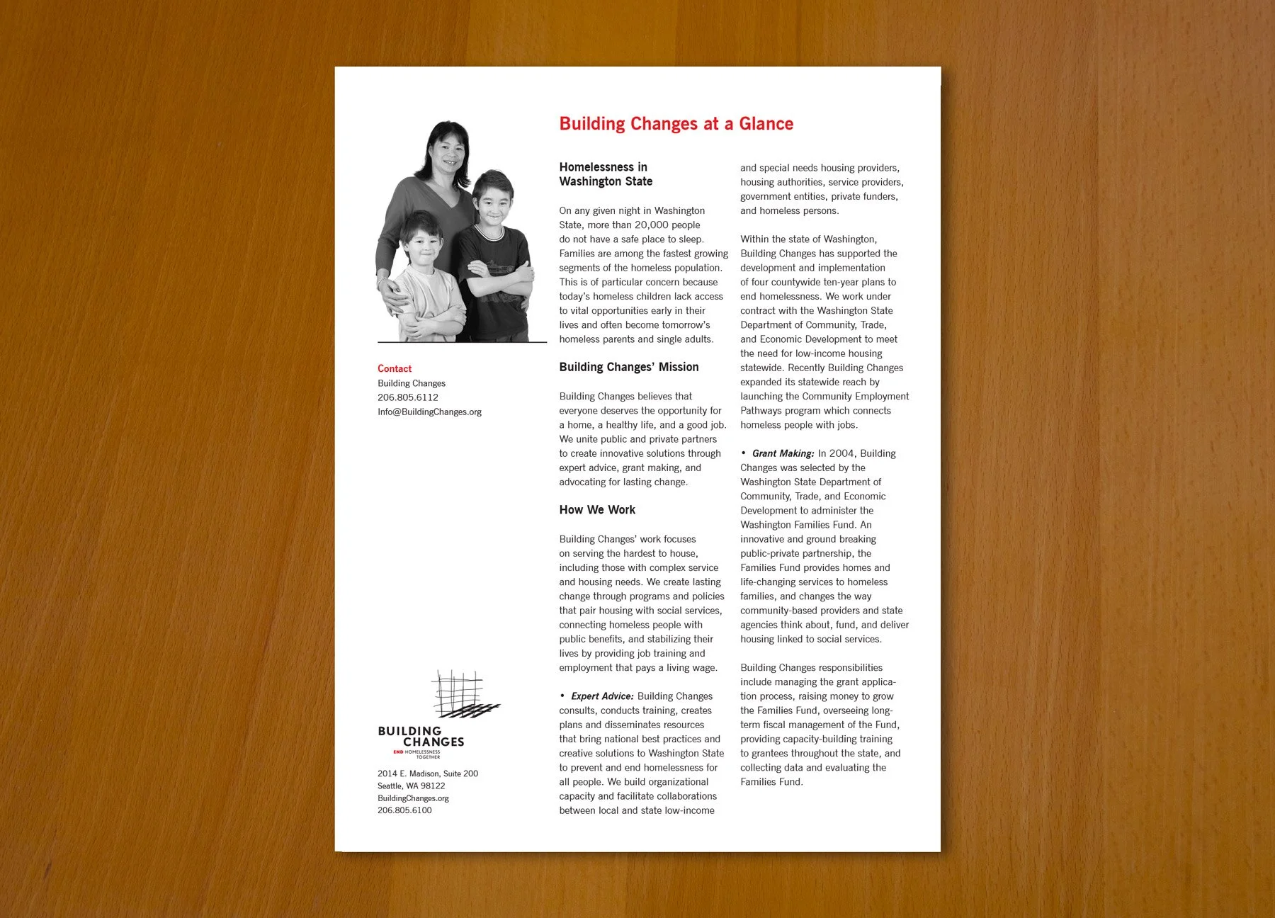 Information sheet about Building Changes, designed by Edwina Bell Design.
