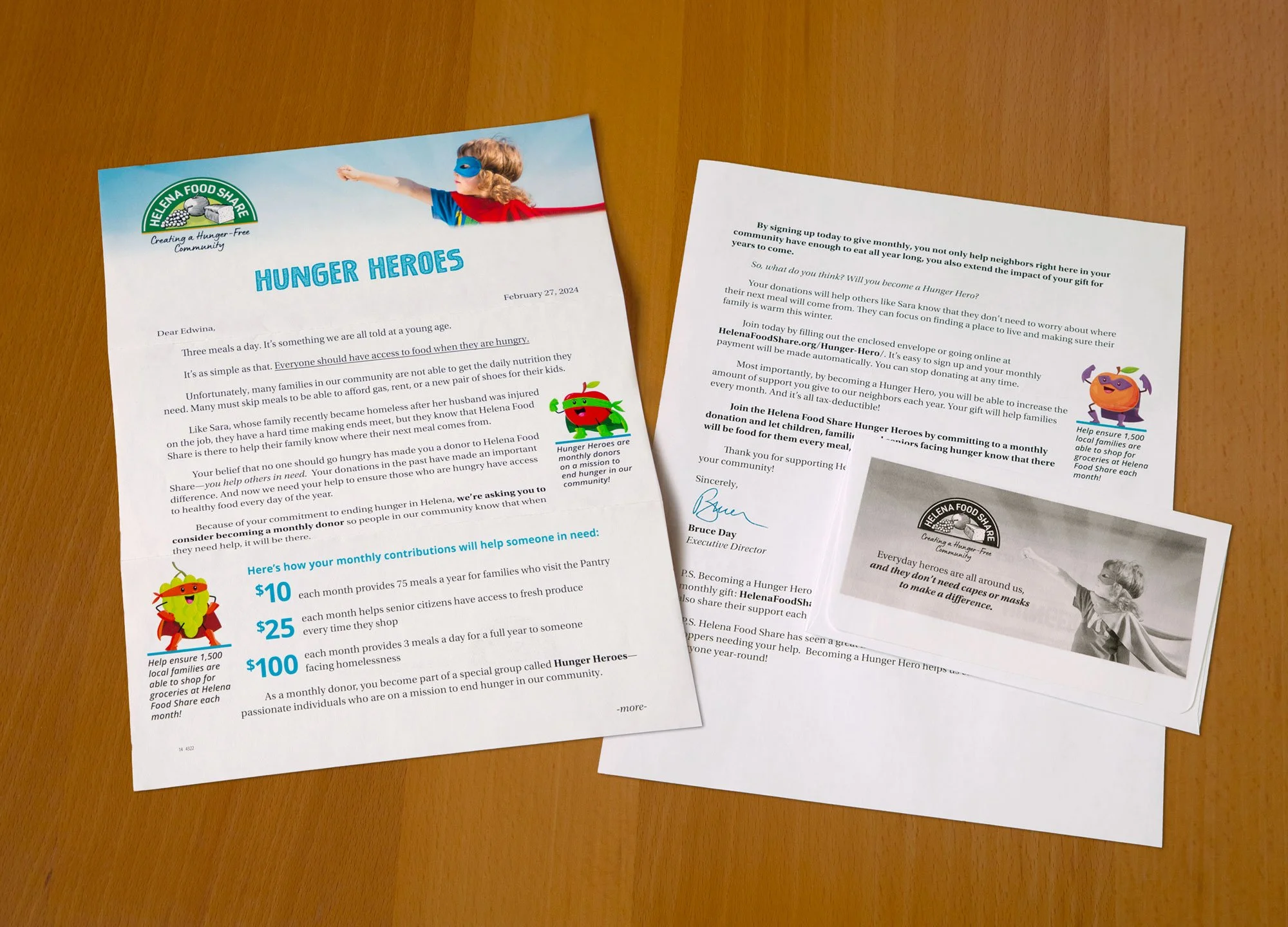 A donor appeal for a community food share program. The appeal includes images of a boy in a superhero and information about donations and monthly contributions to fight food insecurity.