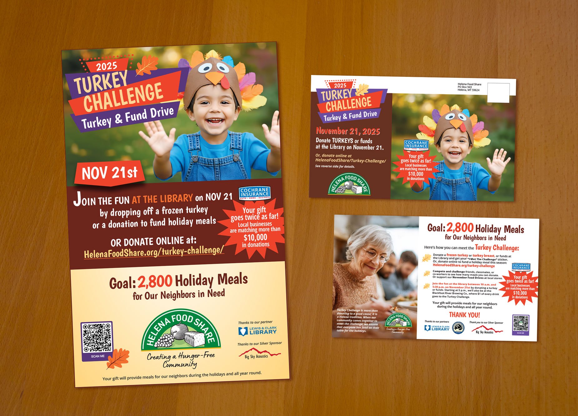 Promotional poster and postcard for the 2025 Turkey Challenge Turkey & Fund Drive event for Helena Food Share.