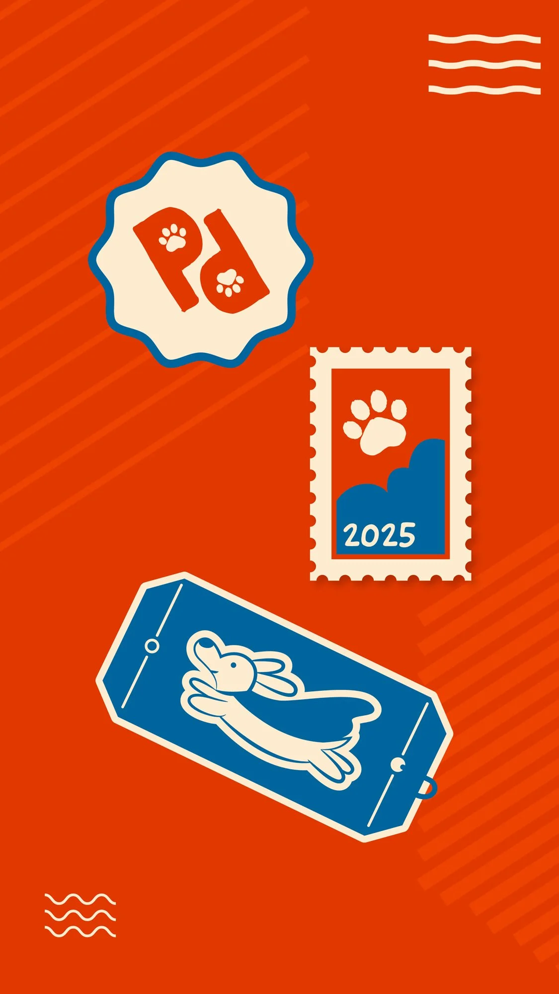 Custom-designed PawsPort stamps with pet travel motifs and retro-inspired illustrations.