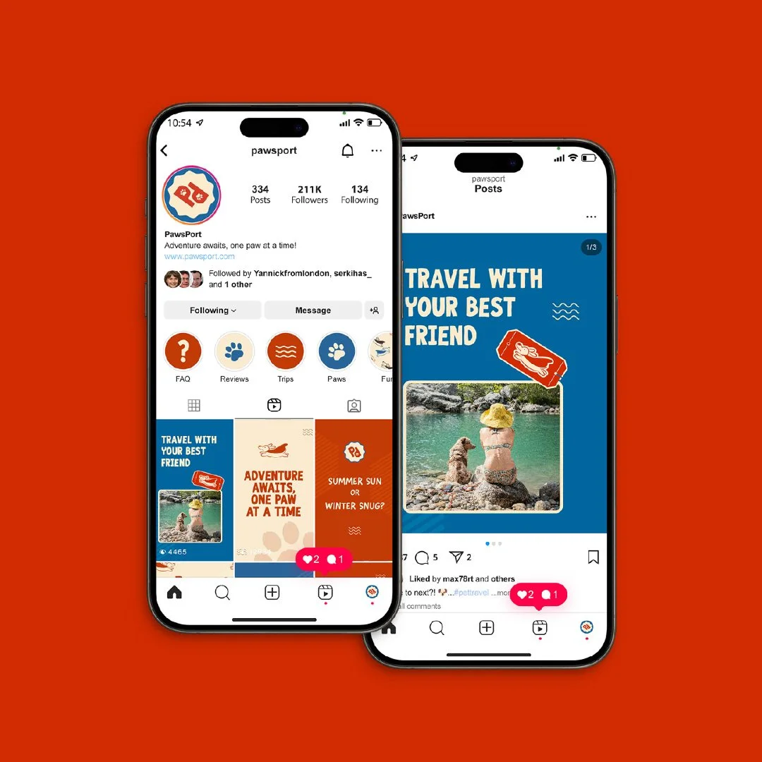 Close up of instagram feed mockup including templated post design, highlight covers and social media icon.