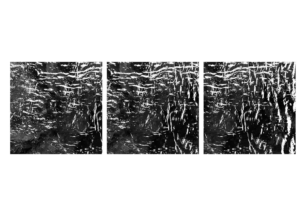 Triptych of abstract black and white textured artwork with irregular lines and patterns.