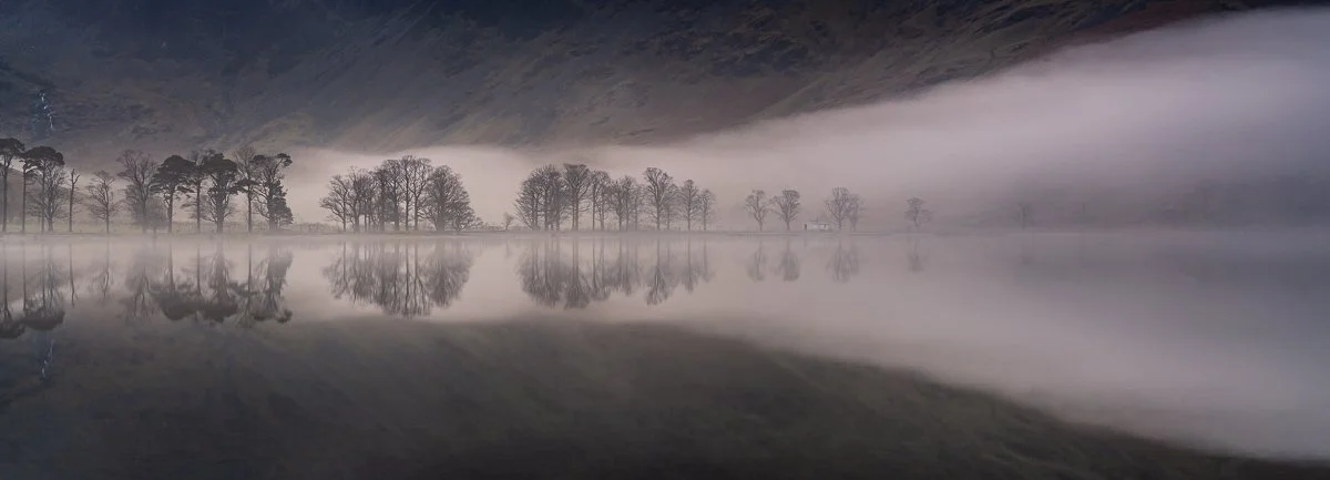 Buttermere trees in mist with reflections in the lake.
