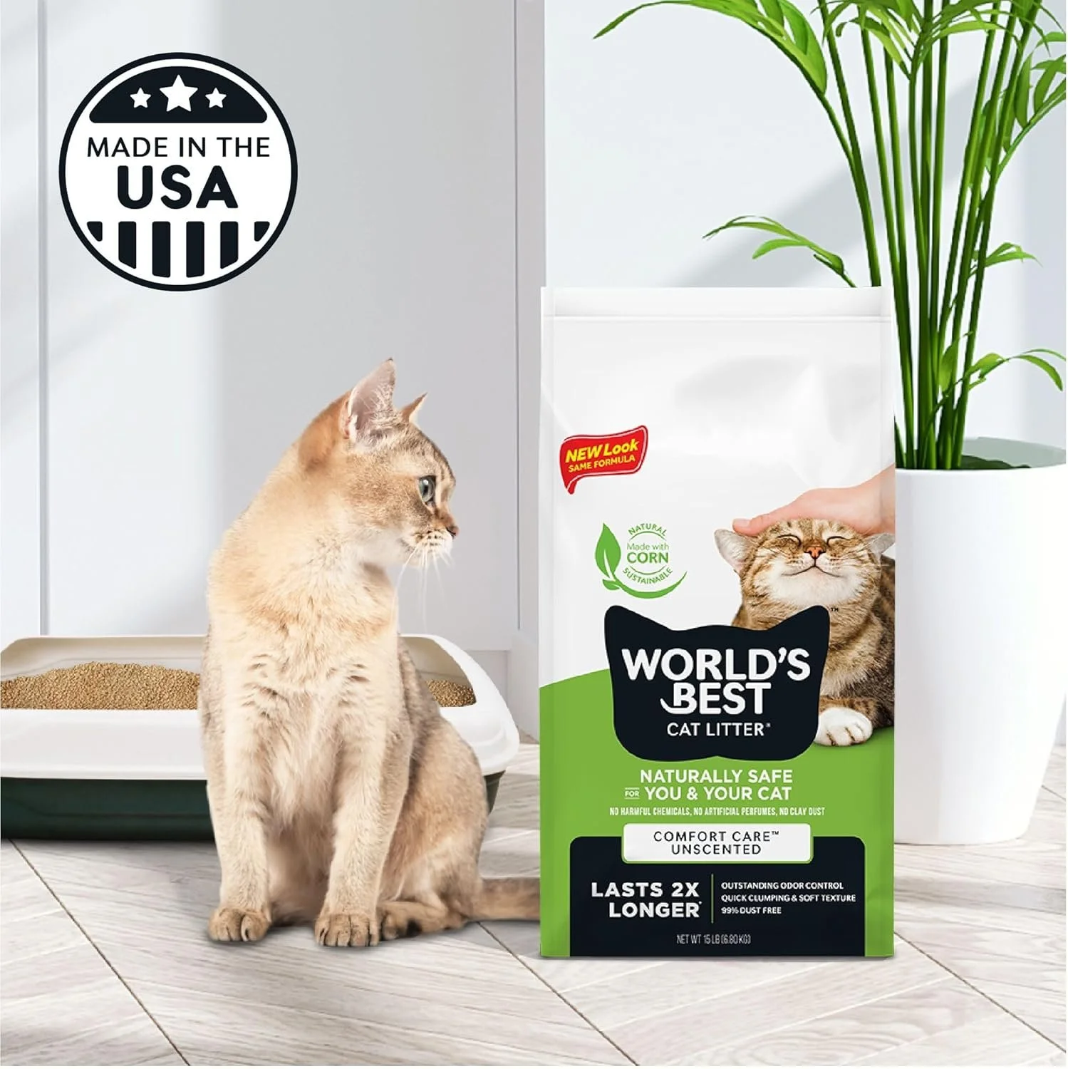 World’s Best Cat Litter Comfort Care Unscented bag showing natural clumping litter for odor control and easy scooping