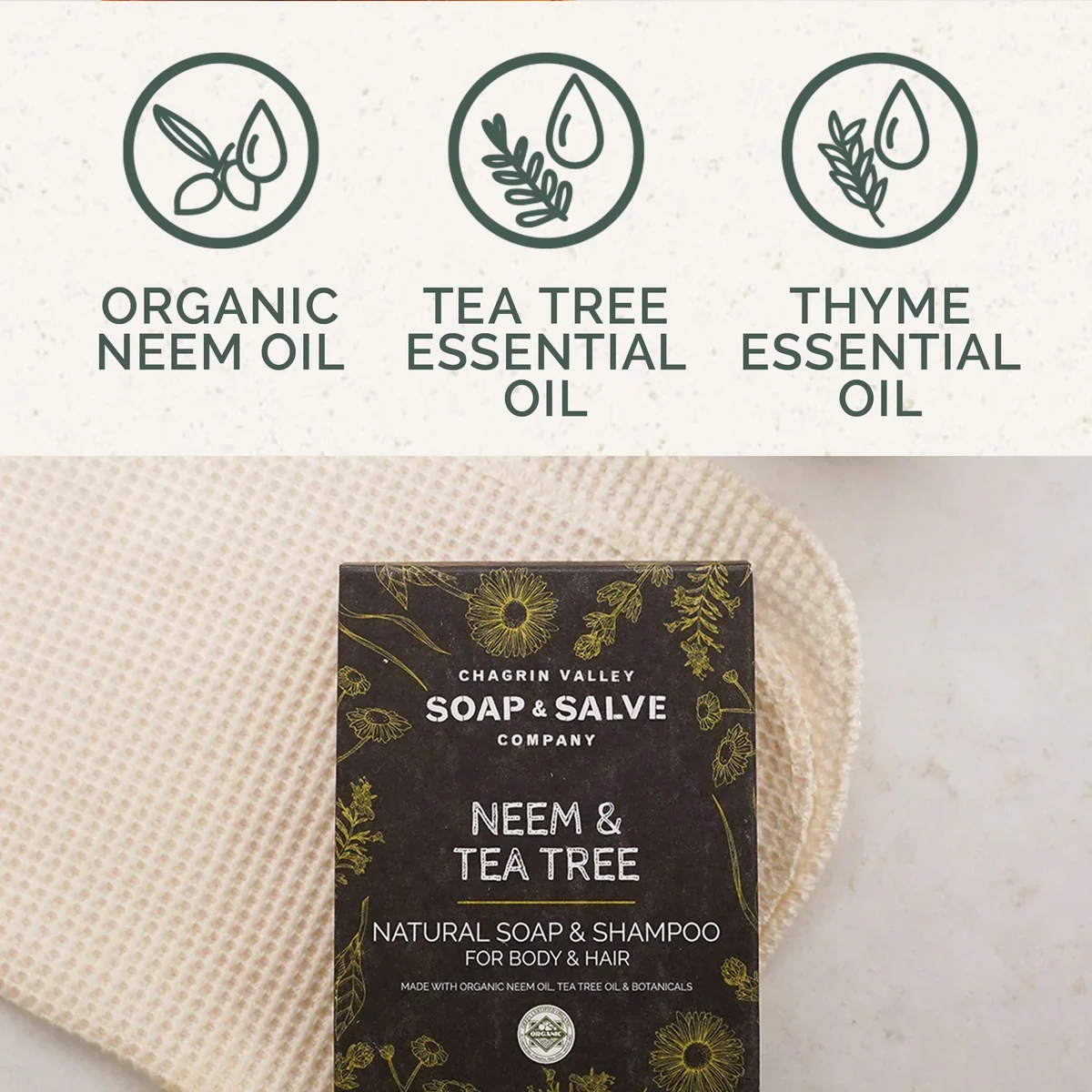 Plant-based neem and tea tree body and hair wash with botanical ingredients