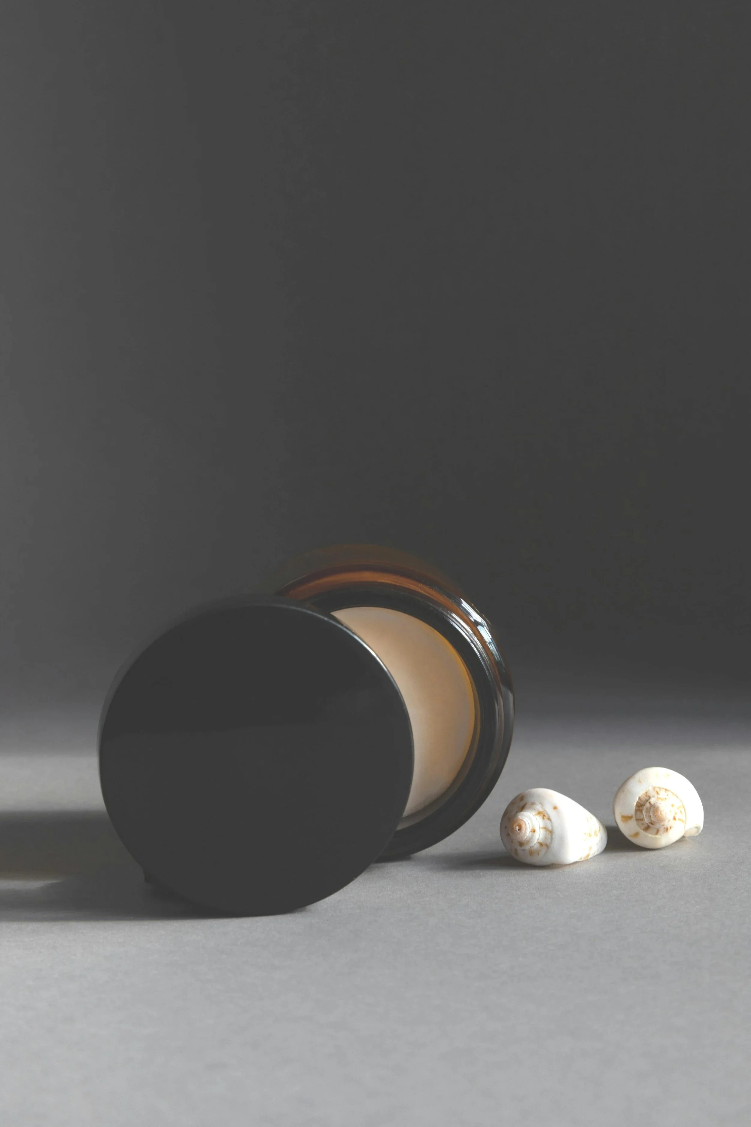 A dark bottle lying on its side with a white and beige shell next to it, set against a plain gray background.