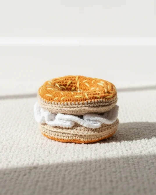 A fabric toy resembling a sandwich with a bagel, cream cheese, and an Oreo cookie in the middle, placed on a textured white surface.