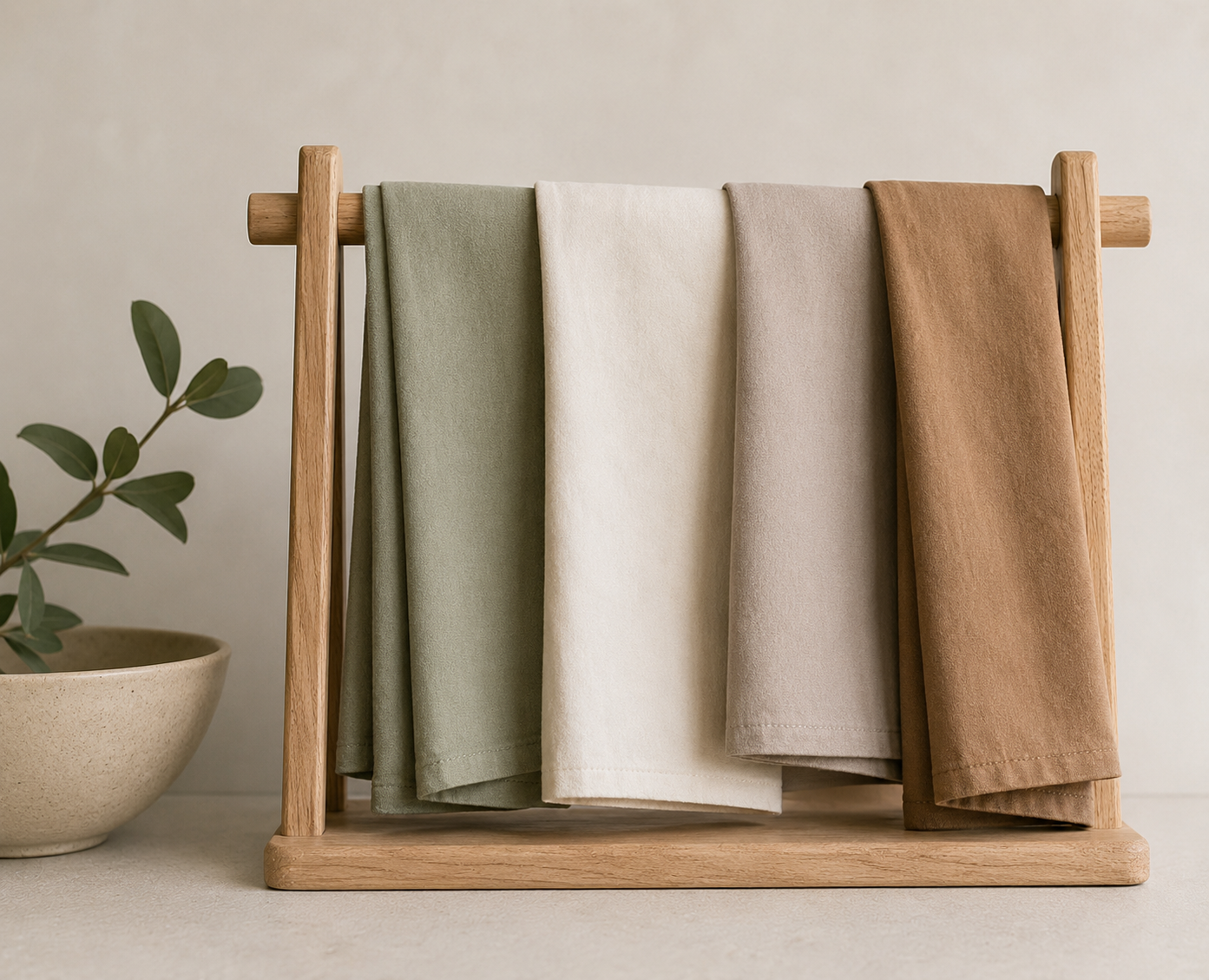 Four folded cloth napkins in muted green, white, beige, and brown hanging on a wooden rack, with a potted plant with green leaves to the left.