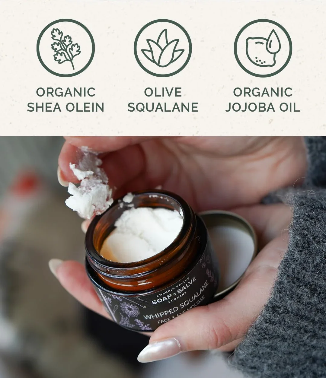 Plant-based whipped squalane moisturizer absorbing into skin