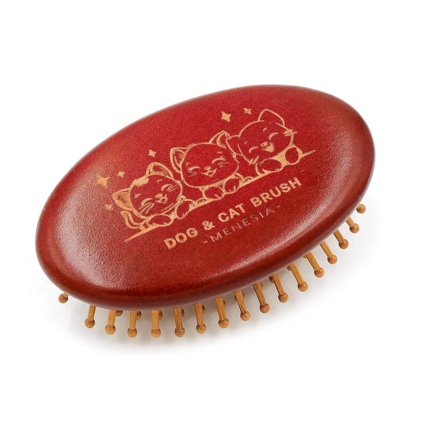 Natural bamboo cat grooming brush with rounded wooden bristles for gentle coat care