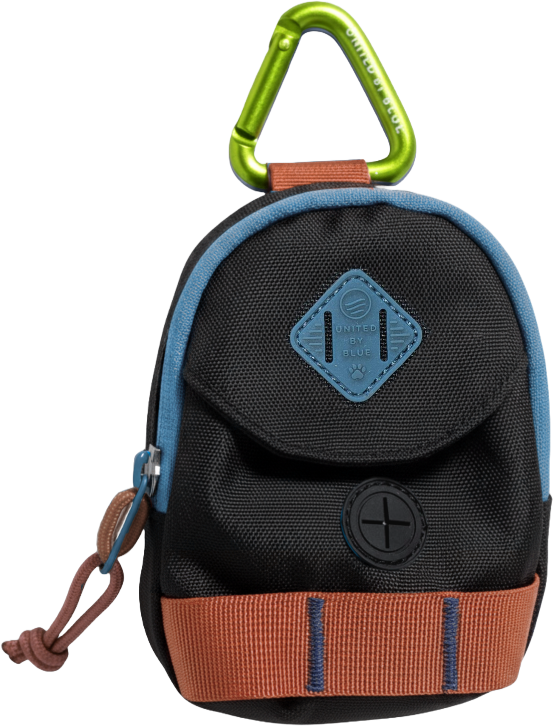 Small black and blue backpack with a green carabiner clip, a brown strap, and a logo patch that reads 'United by Blue.'