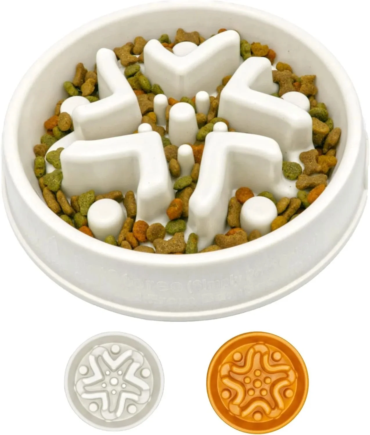 Bamboo slow feeder dog bowl filled with kibble, anti-choke maze design for healthy eating