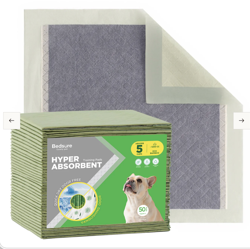 A stack of green pet training pads labeled 'Hyper Absorbent' with a picture of a dog, along with some printed information about absorption and size. The background shows individual pads with a textured surface.