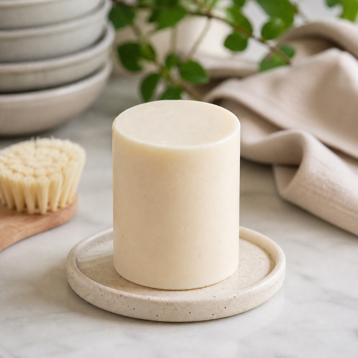 A large, creamy white pillar candle on a round tray with a beige and white speckled finish, set on a marble surface with a small scrub brush and a green leafy plant in the background.