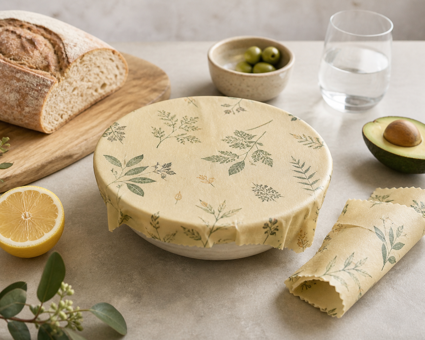 A wooden cutting board with a loaf of bread, a bowl of green olives, a glass of water, half an avocado, a lemon, and a cloth covering a bowl, all arranged on a light-colored surface.