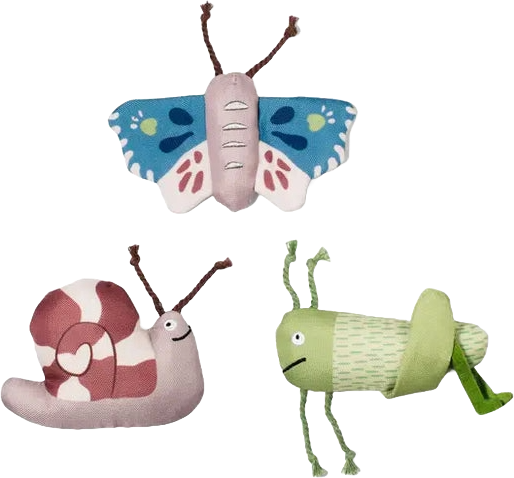 Three plush toy insects: a butterfly with blue, pink, and white wings, a snail with a striped shell, and a green grasshopper lying on its side.