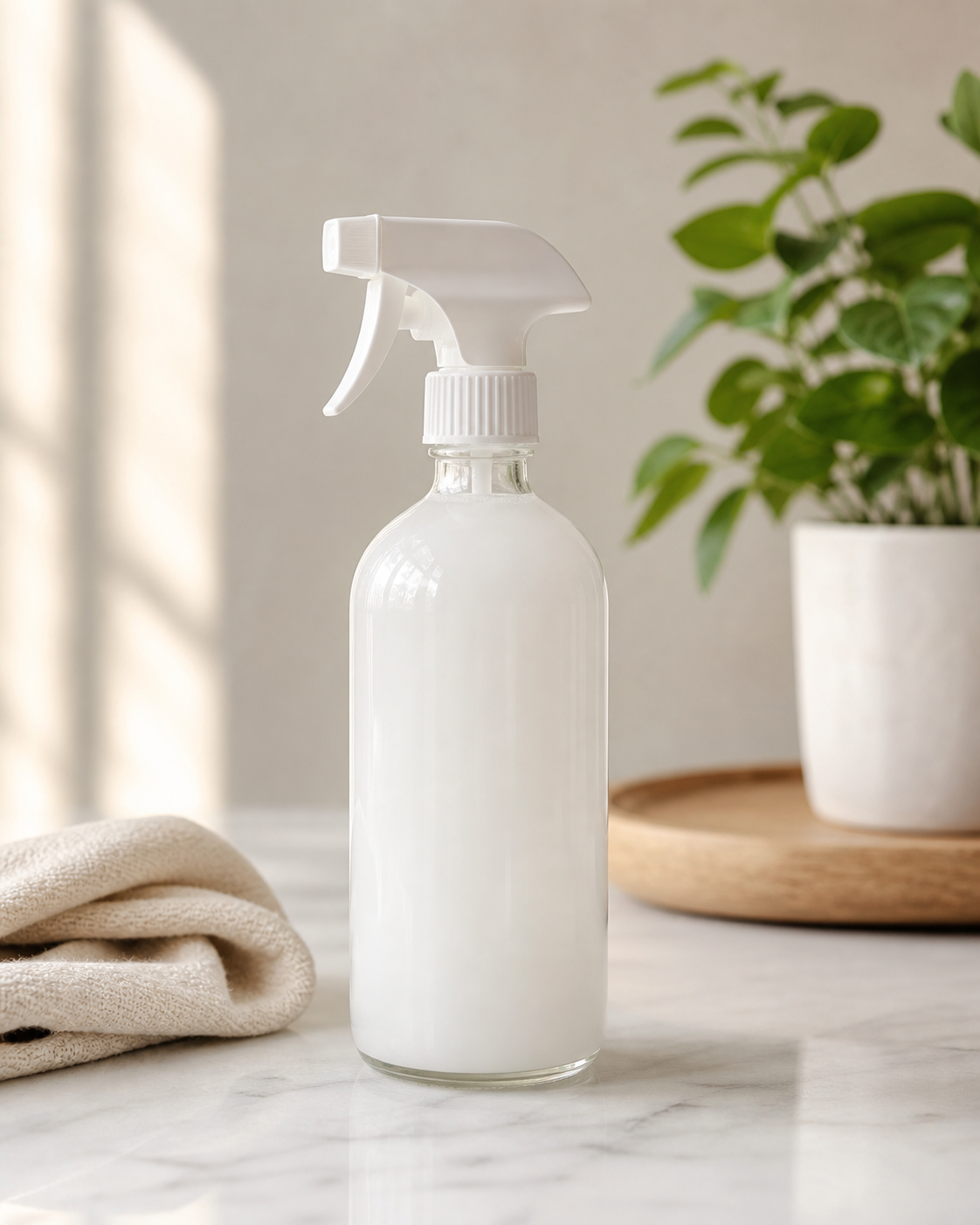 A clear spray bottle filled with a colorless liquid, placed on a white marble surface with a folded beige cloth nearby, and a potted green plant in the background.
