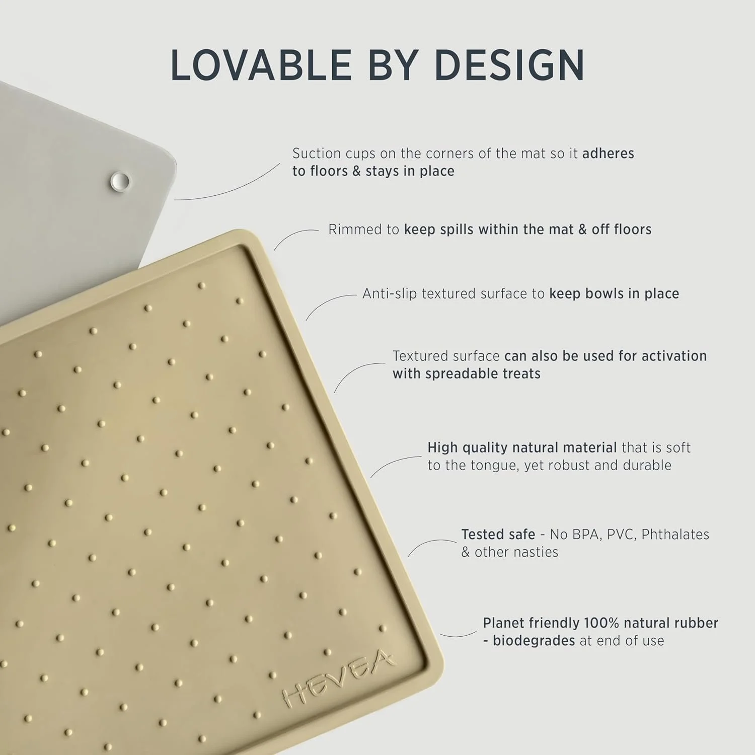 Close up of natural rubber mat with description of design details