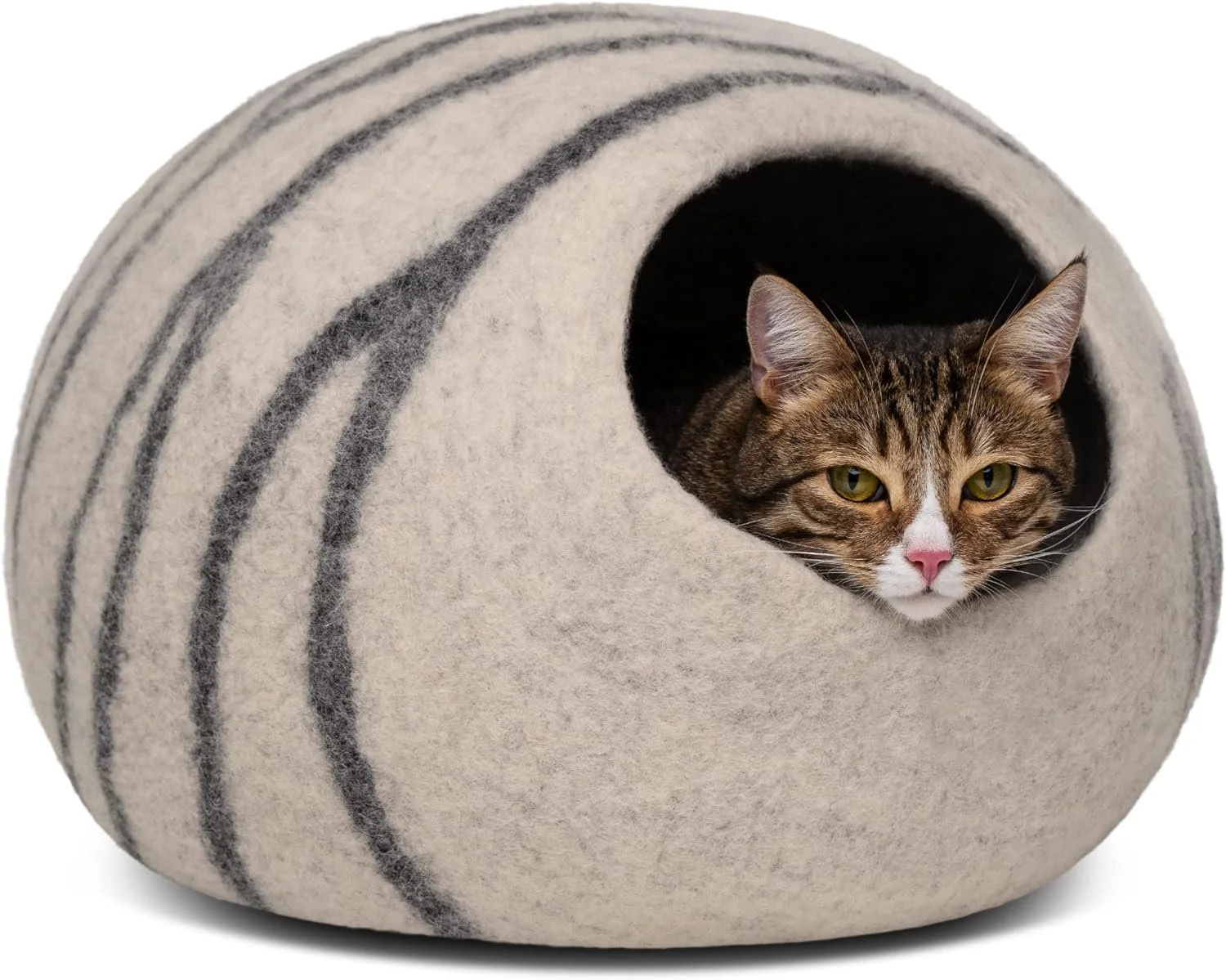 Meowfia merino wool felt cat cave bed for indoor cats, handmade premium cat bed in natural wool.