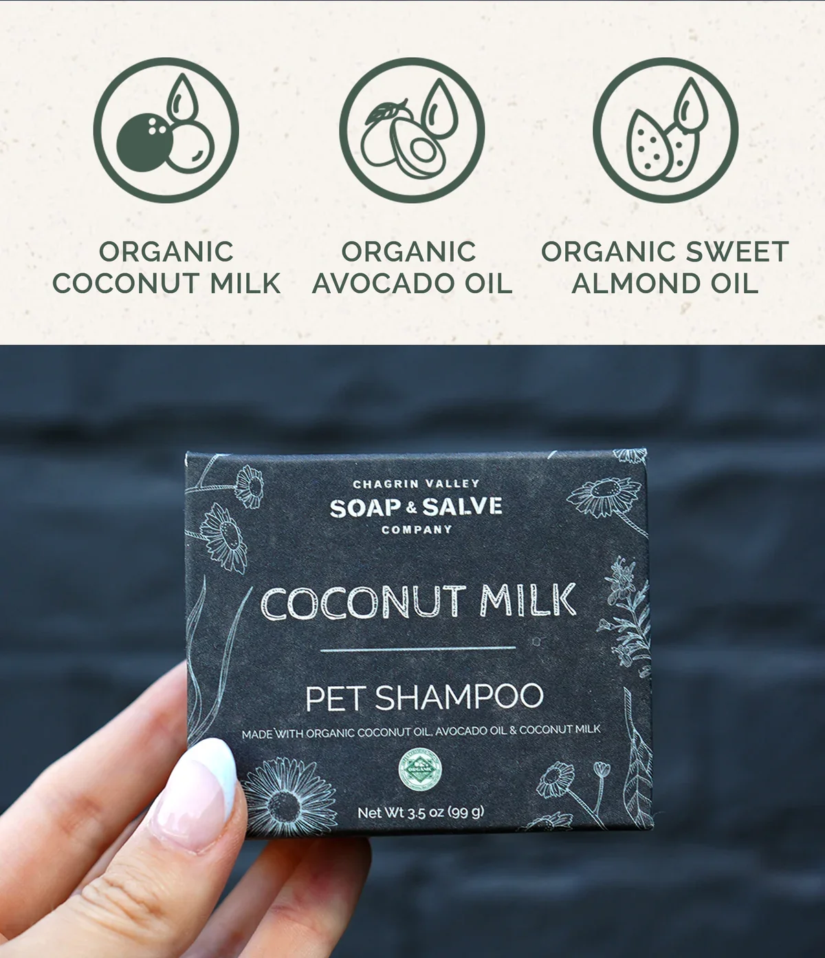 Packaging of coconut milk pet shampoo made with organic coconut oil, avocado oil, and coconut milk held by a hand against a dark background.
