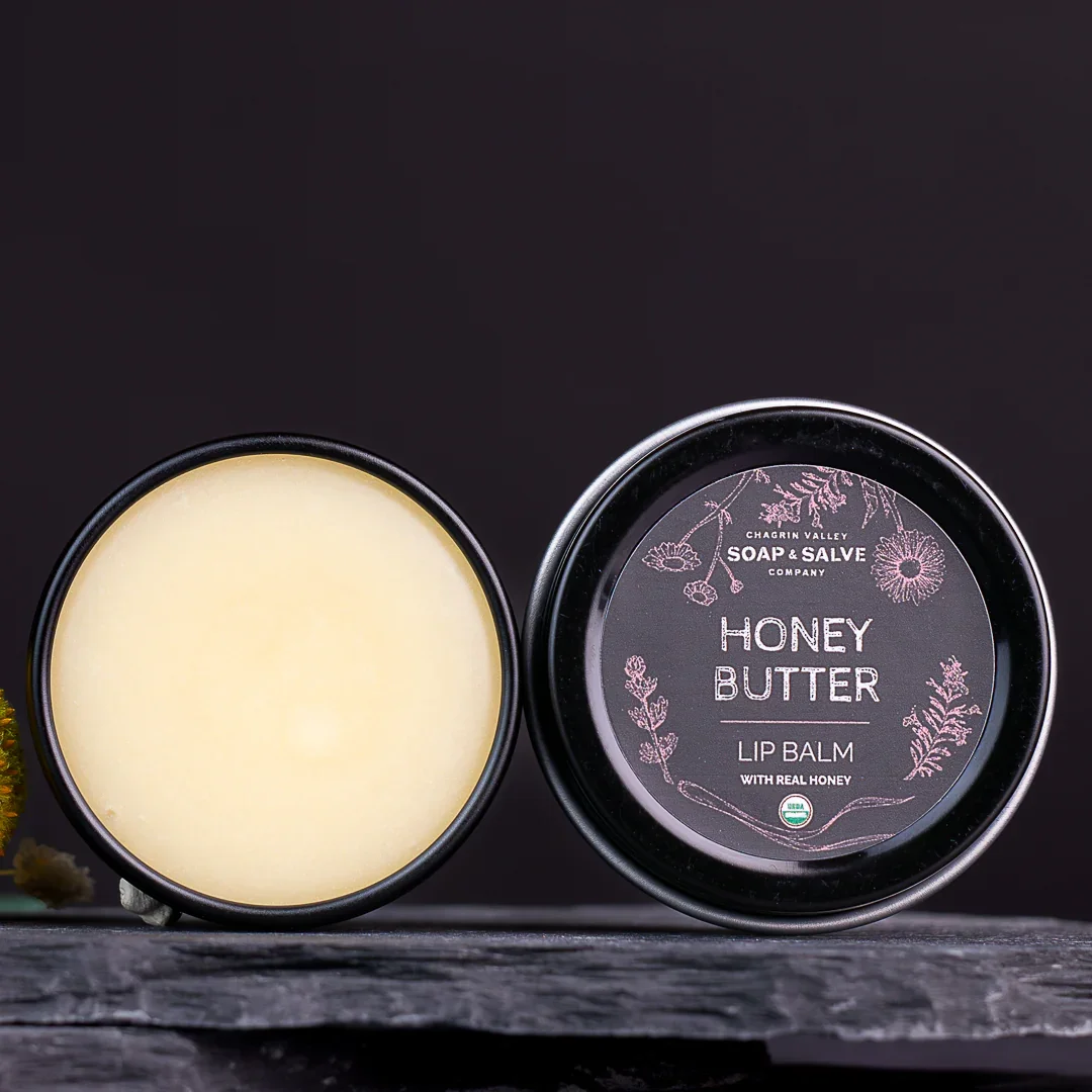 Honey butter lip balm made with beeswax and cocoa butter