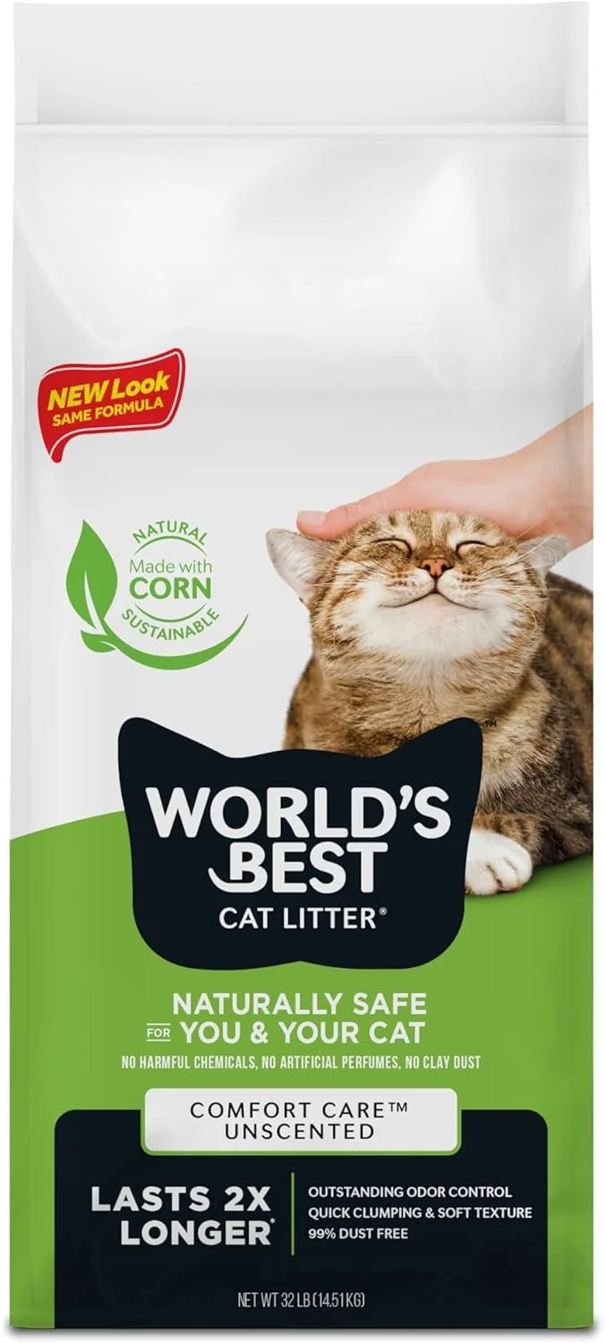World’s Best Cat Litter Comfort Care Unscented bag showing natural clumping litter for odor control and easy scooping