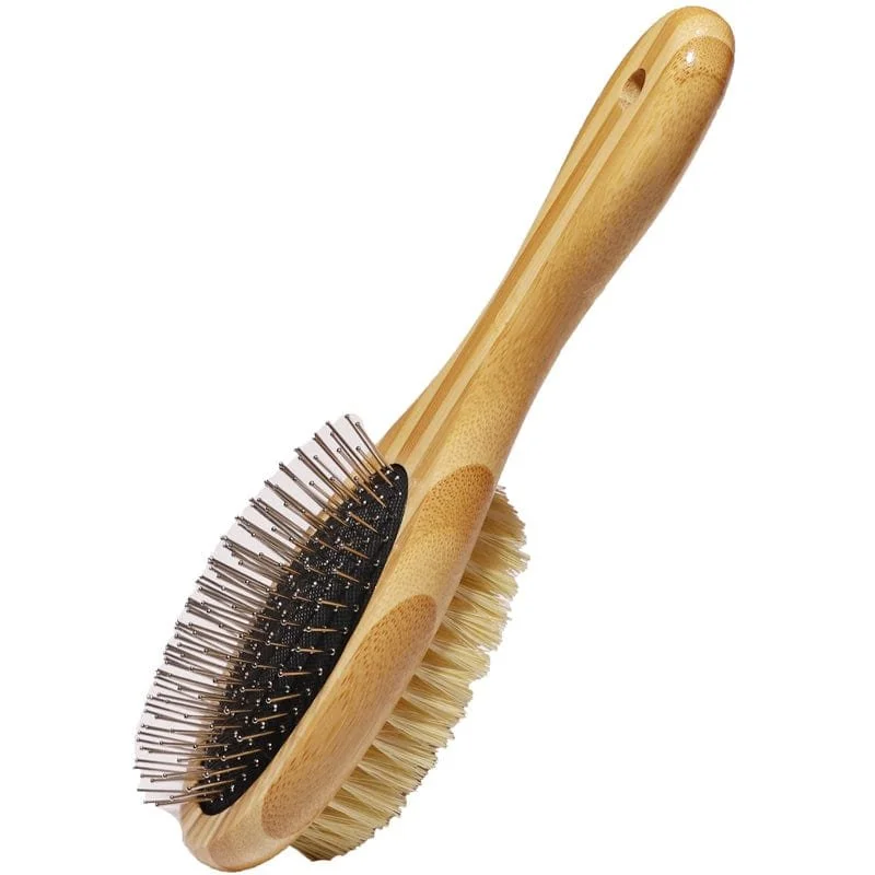A wooden hairbrush with black plastic bristles and a handle with a natural finish.