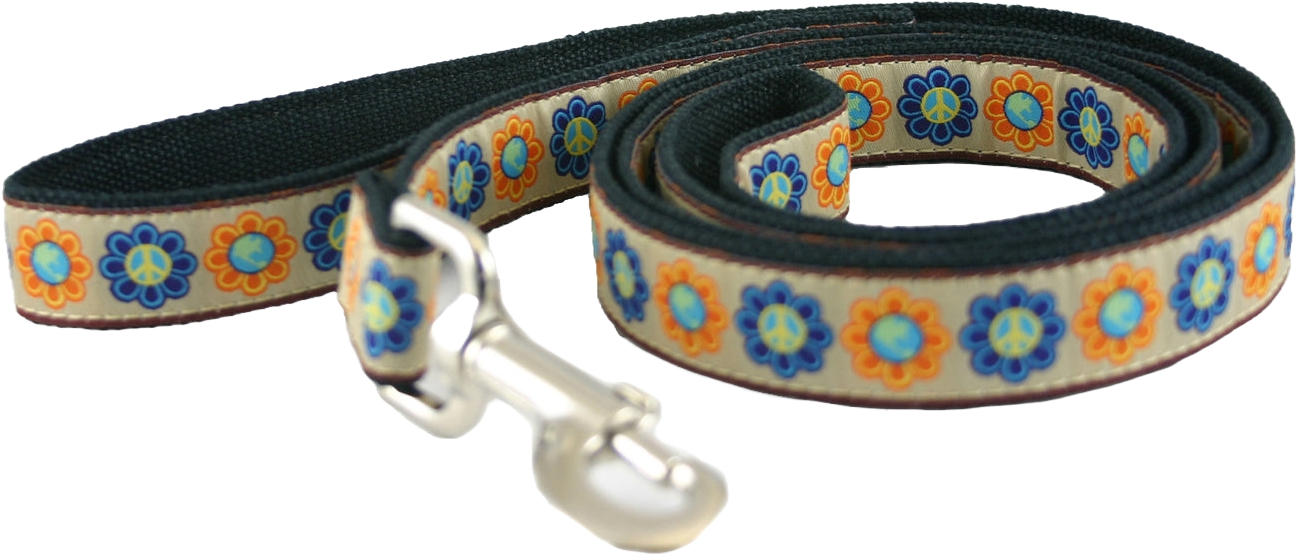 Dog leash with a flower pattern, featuring blue and orange flowers with peace symbols in the middle, and a silver clasp.
